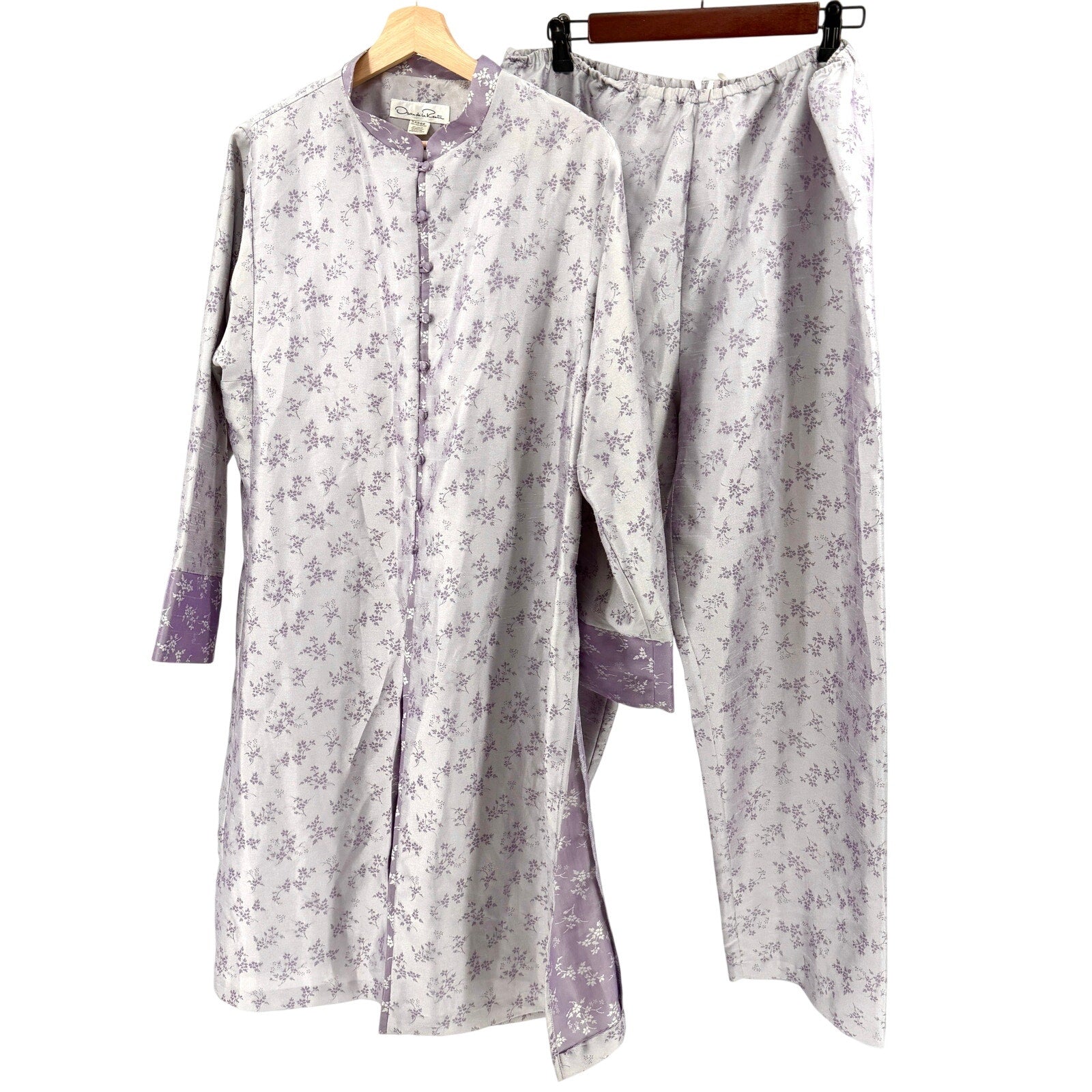 Vintage 90s Oscar de la Renta Lavender Floral Satin Pajama Set