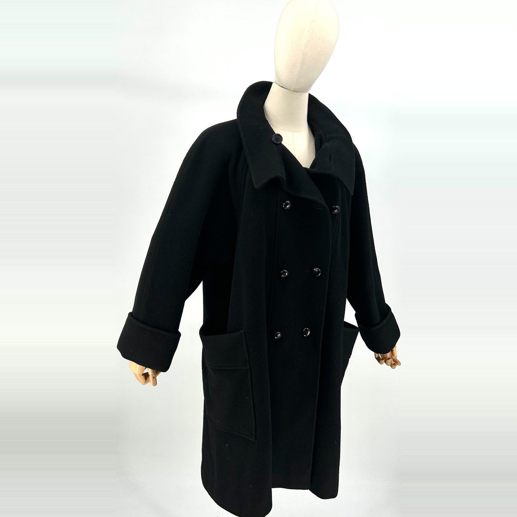 Vintage 80s Black Wool Blend Double Breasted Shoulder Pad Swing Coat