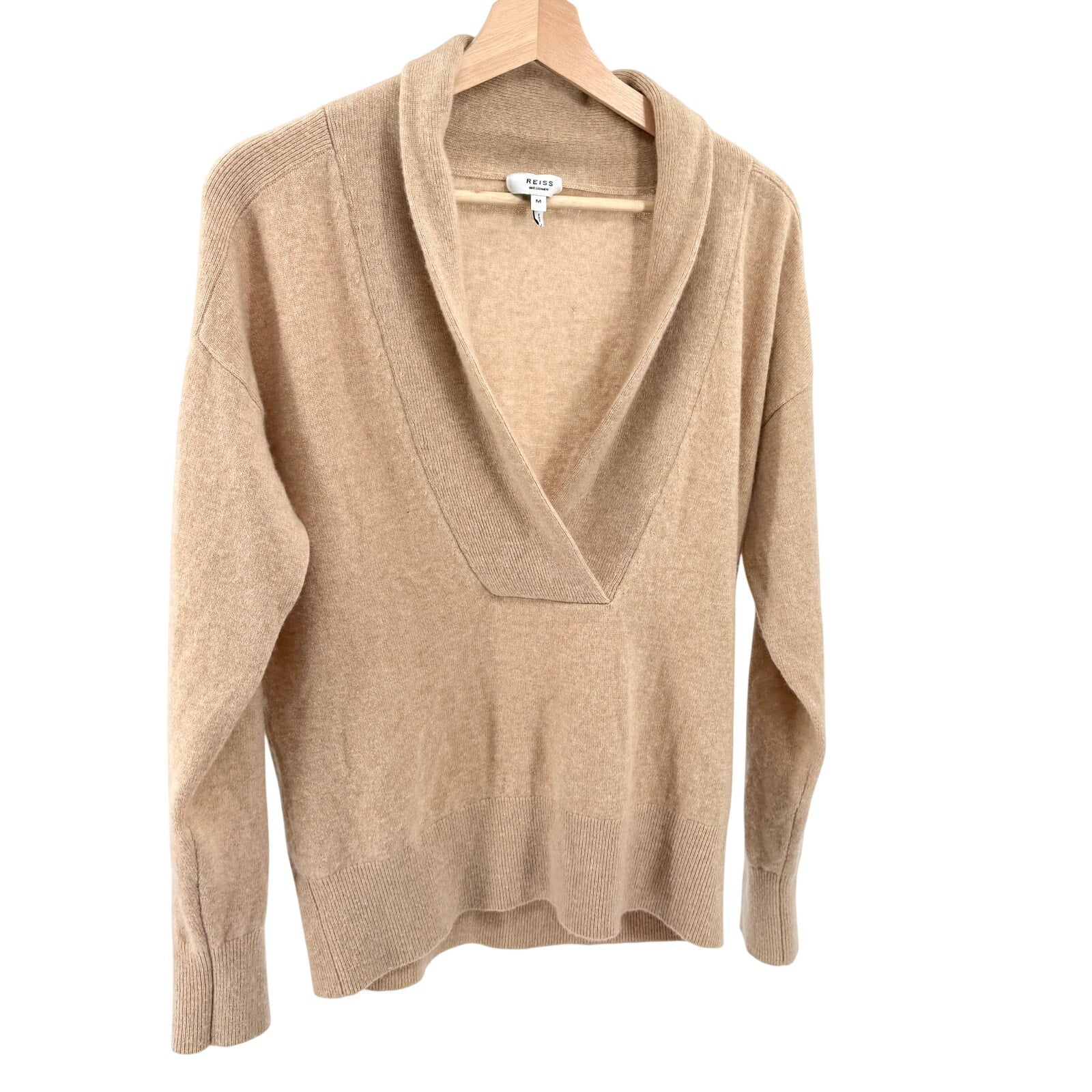 Reiss Camel Cashmere Minimalist Shawl Collar Sweater V-Neck Top