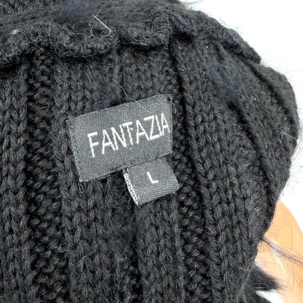 Vintage Y2K Fantazia Black Genuine Rabbit Fur Boho Fringe Self Tie Sweater Vest