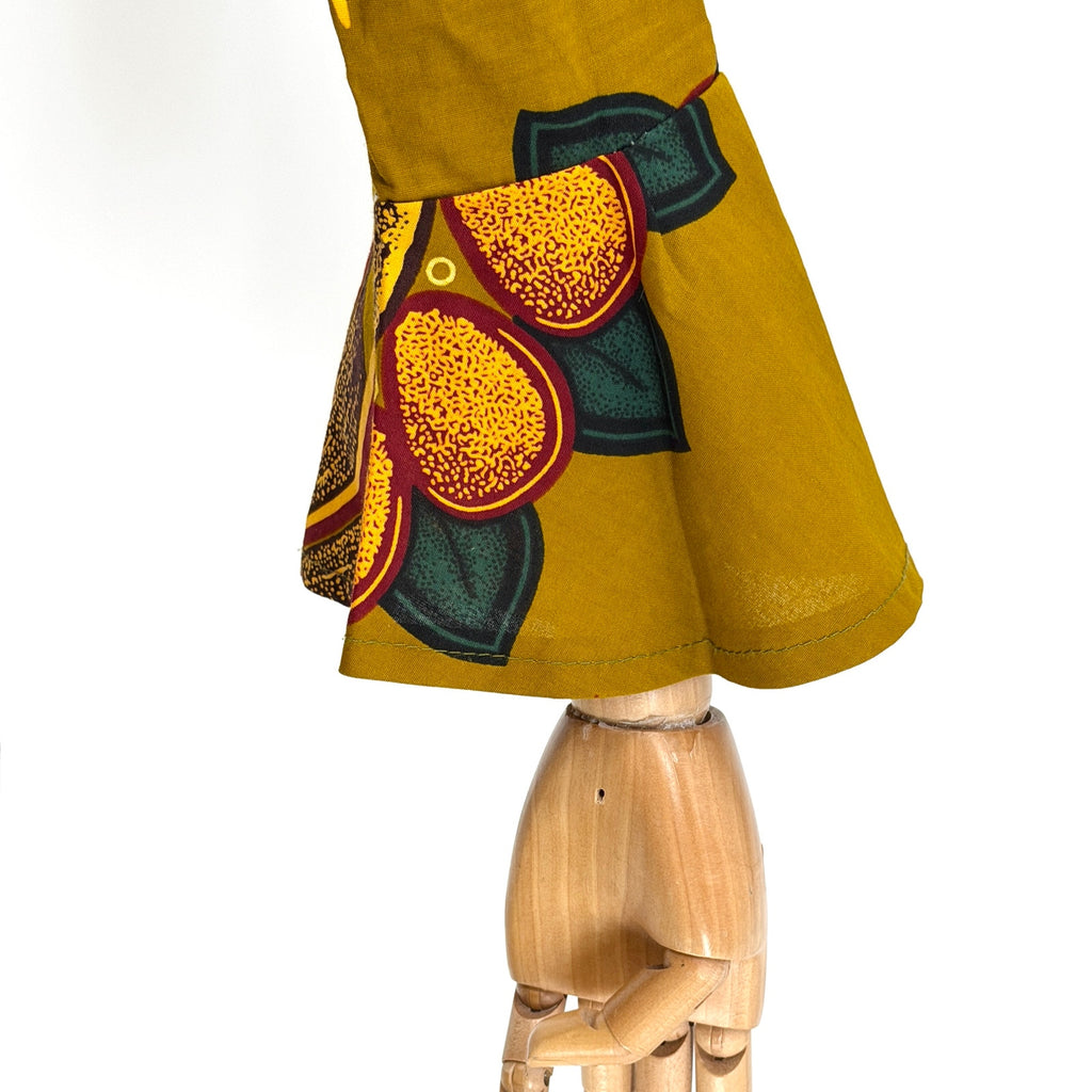 Grass-fields Olive Green Ocher 100% Cotton African Print Bell Sleeve Mini Dress