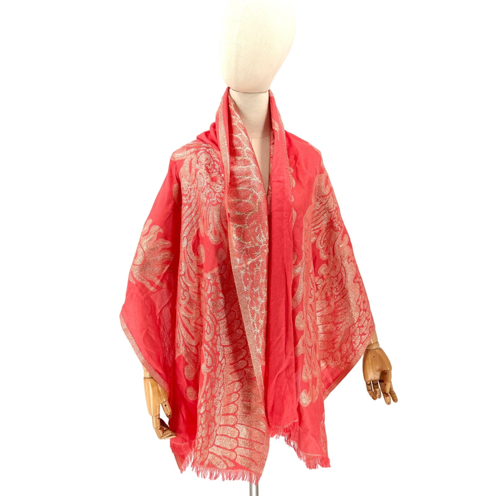Vintage Y2K Coral Peach Cashmere Gold Metallic Thread Pashmina Shawl