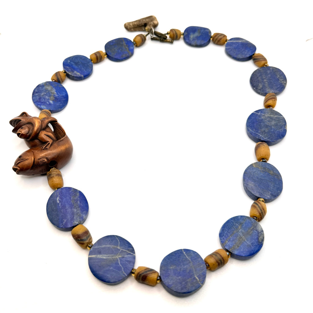 Vintage 90s Lapis Lazuli Wood Hand Carved Frog Fish Netsuke Necklace