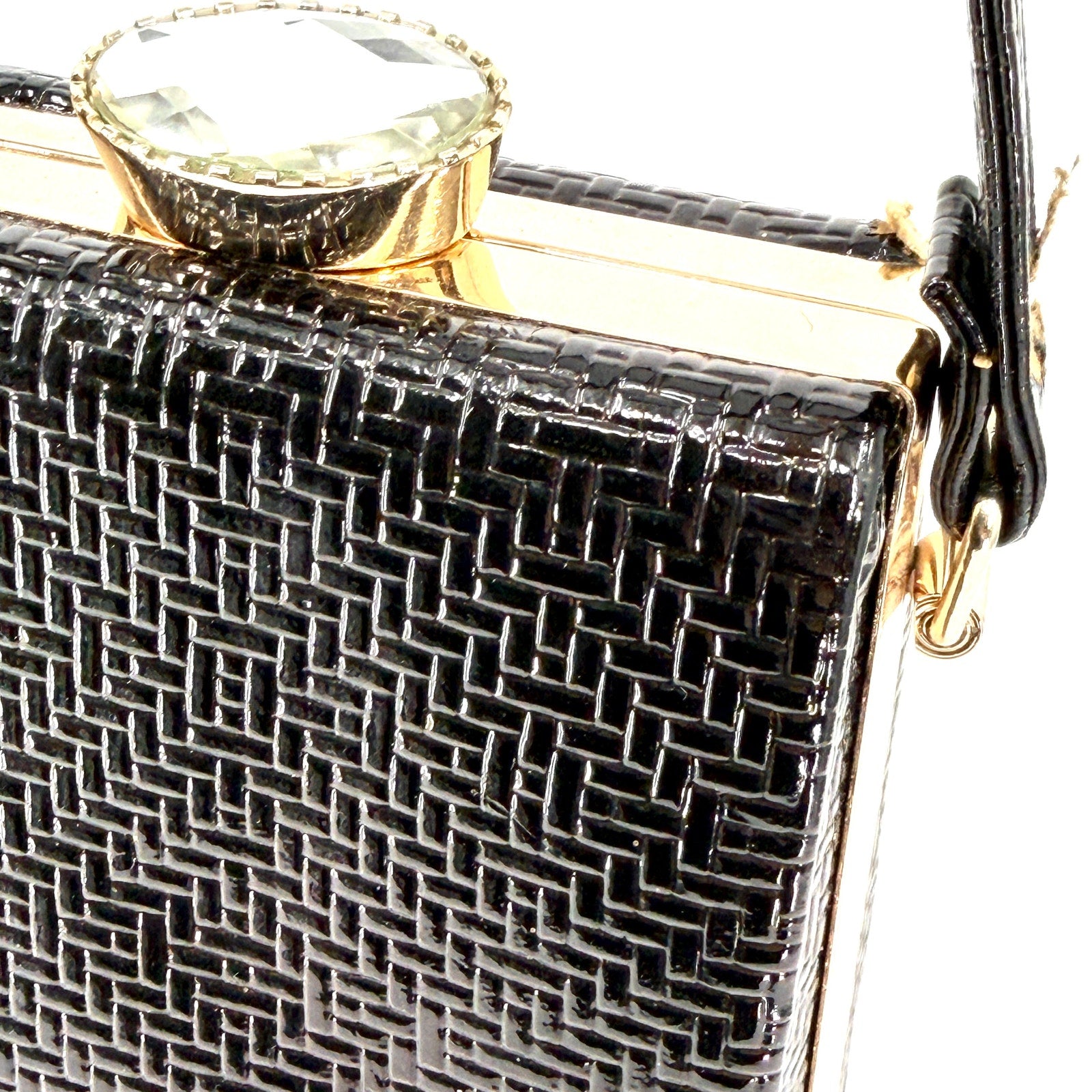 Vintage 90s Black Patent Leather Maximalist Rhinestone Clasp Box Handbag