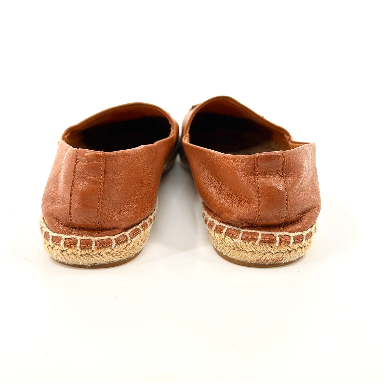 Tory Burch Tan Genuine Leather Logo Jute Espadrille Flats