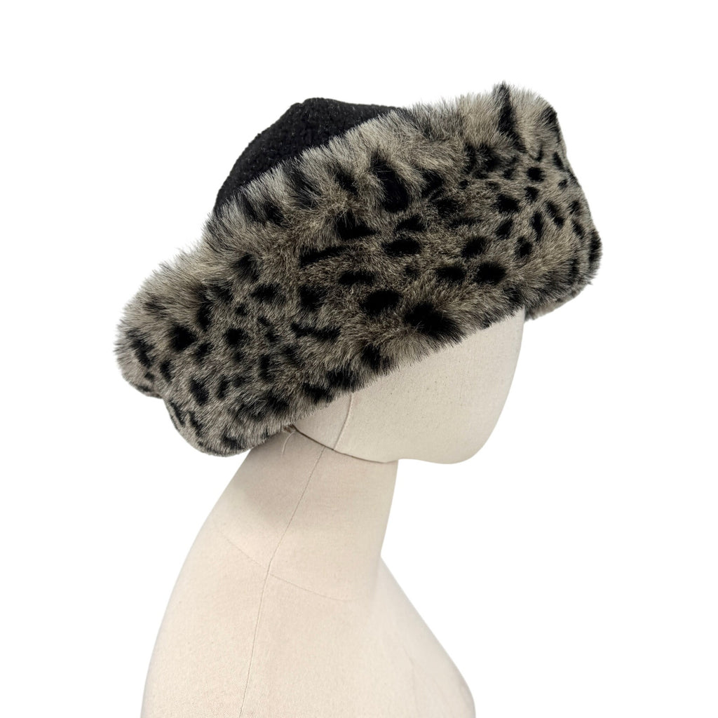 Vintage 90s Tasha Polizzi Gray Black Leopard Cozy Fleece Faux Fur Cossack Hat