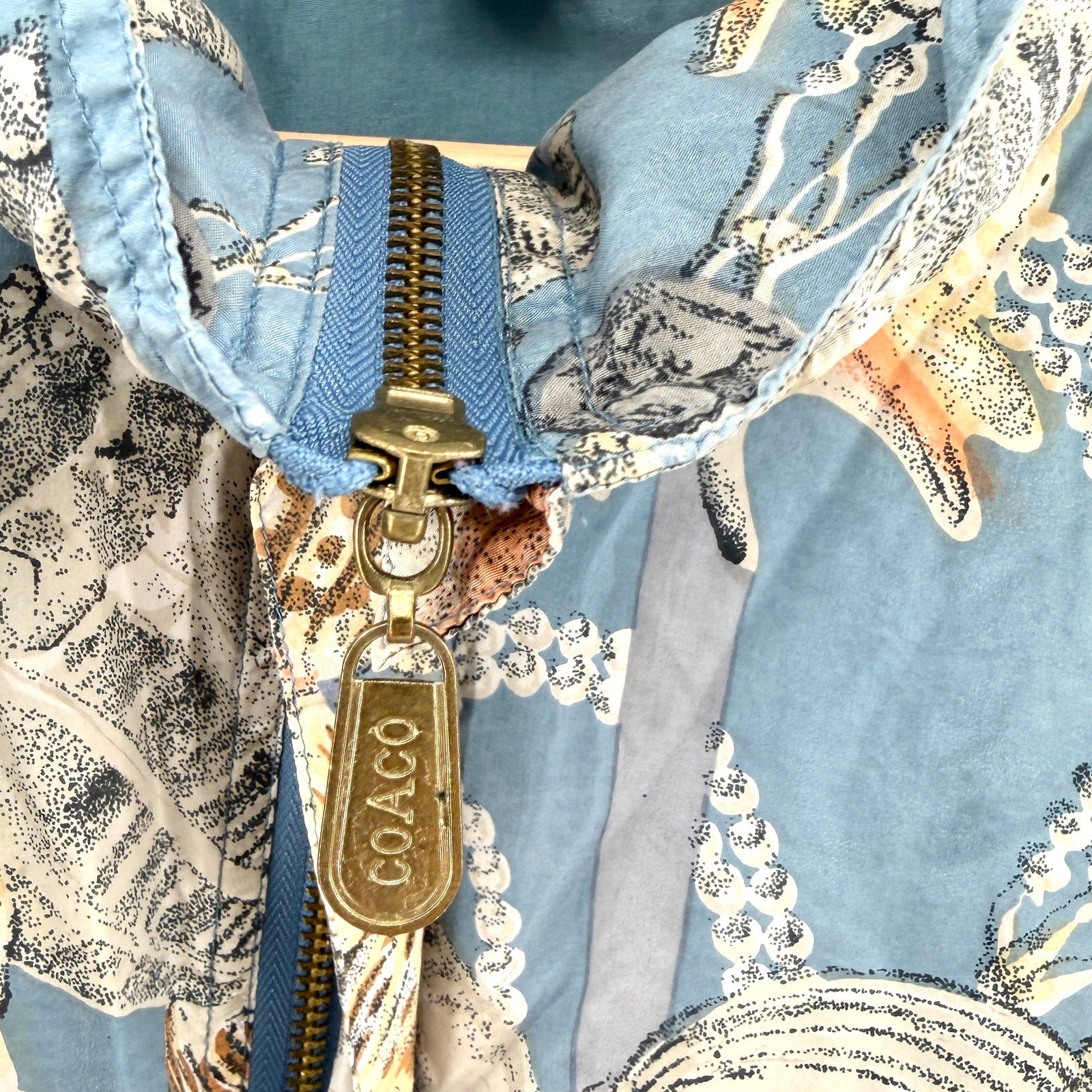 Vintage 90s Coaco Blue Silk Seashell Pearl Print Bomber Jacket