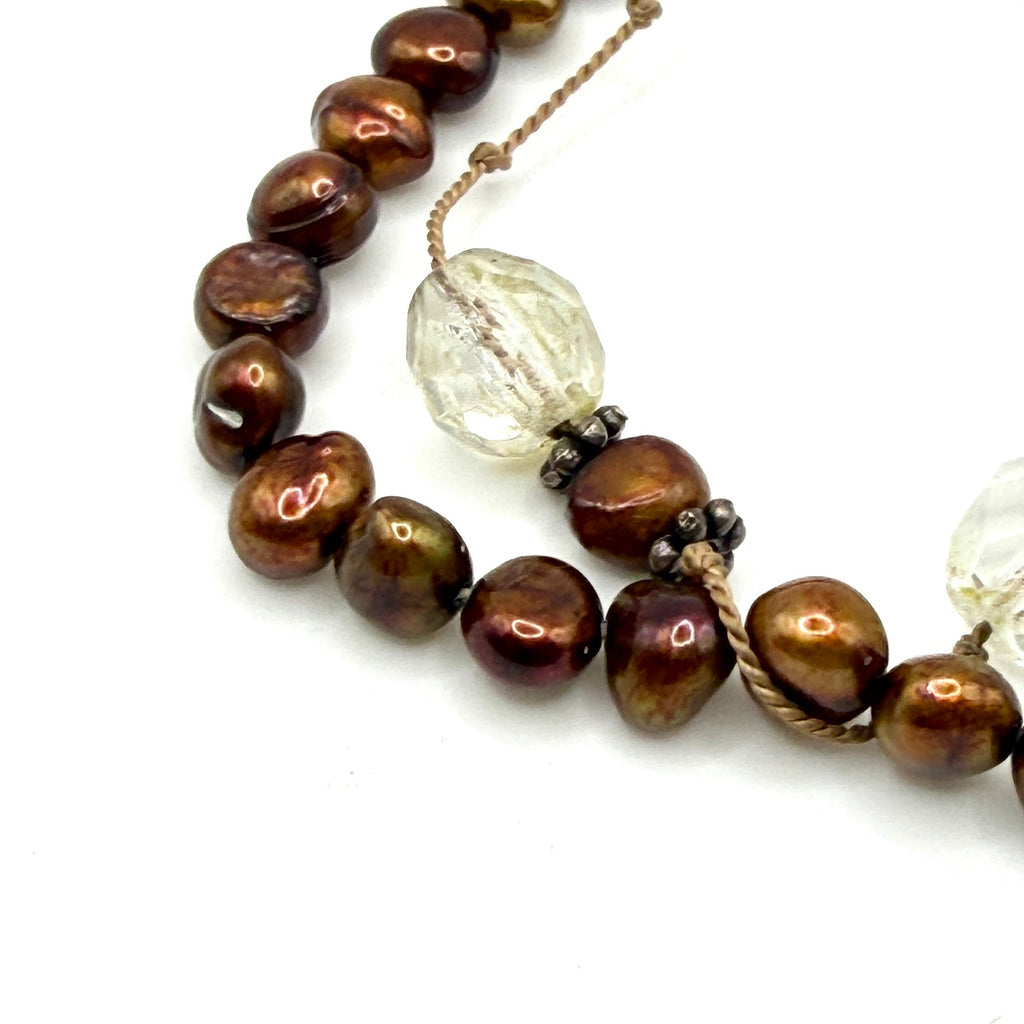 Vintage 90s Sterling Silver Bronze Freshwater Pearl Quartz Toggle Bracelet