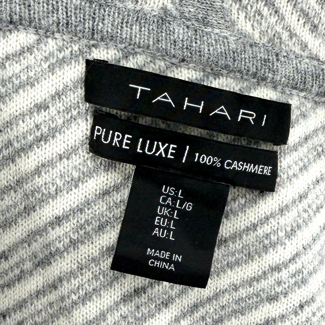 Tahari Gray Striped 100% Cashmere Hooded Cardigan Sweater