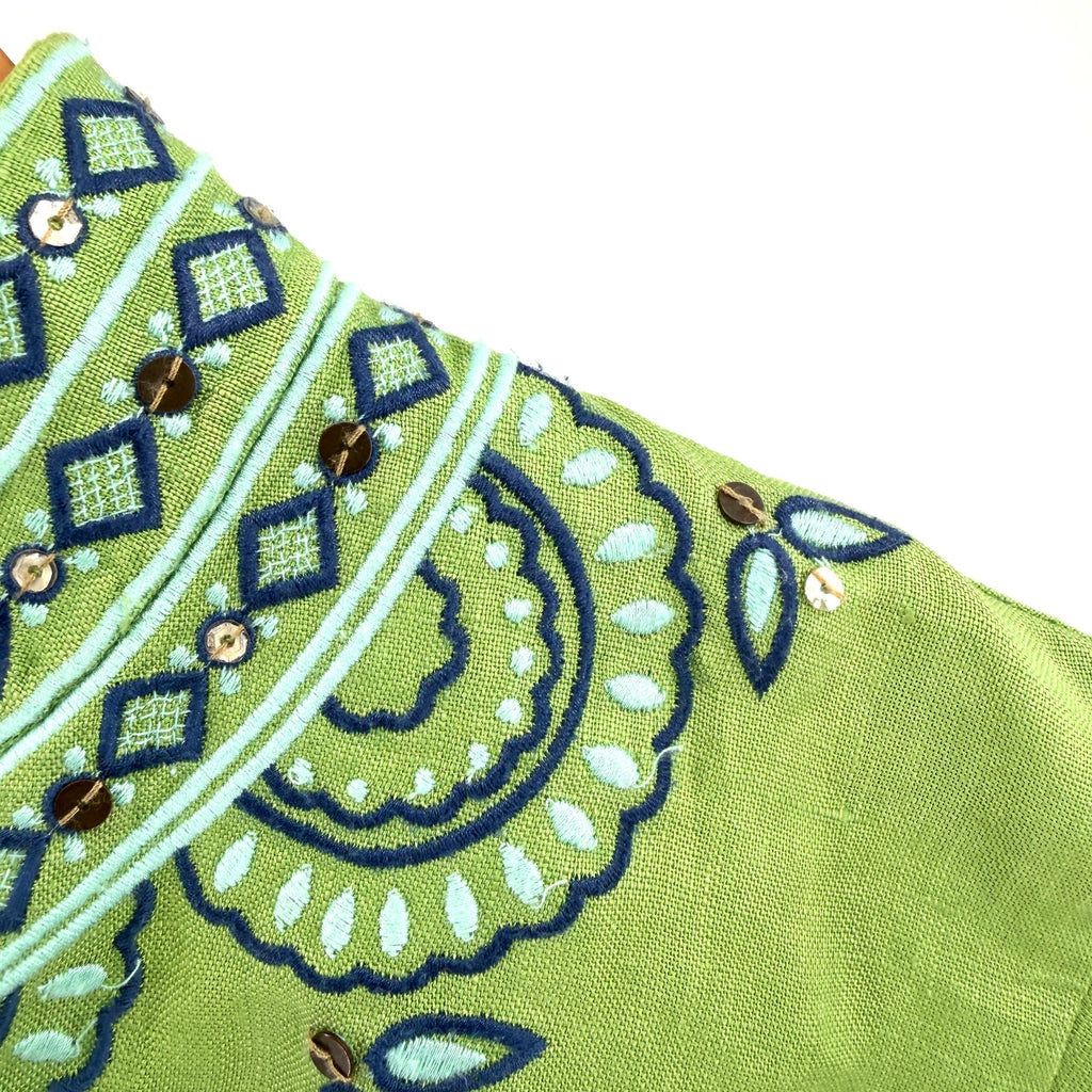 J. Crew Lime Green 100% Linen Embroidered Sequin Long Sleeve Tunic