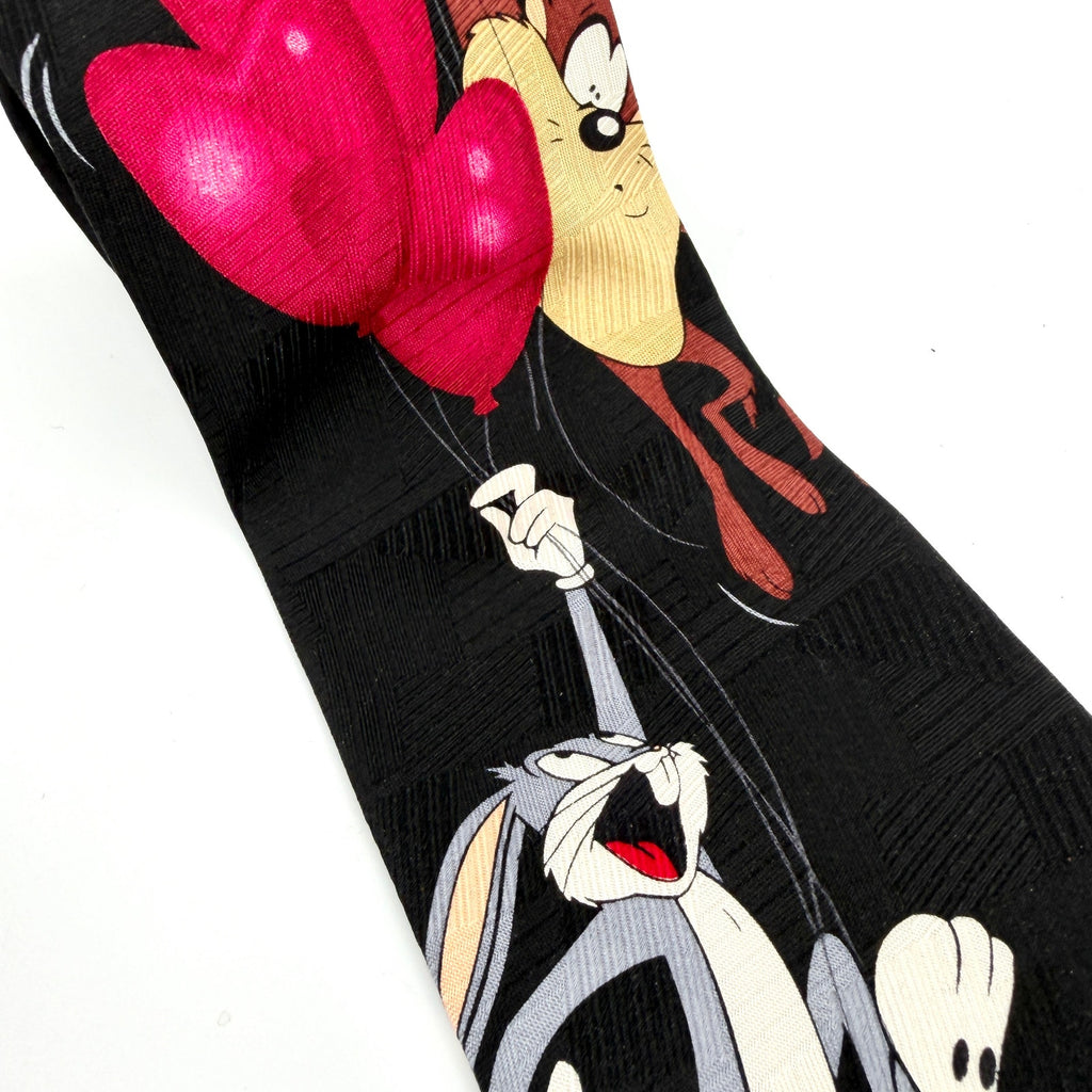 Vintage 90s Looney Tunes Mania Black 100% Silk Bugs Bunny Taz Novelty Tie
