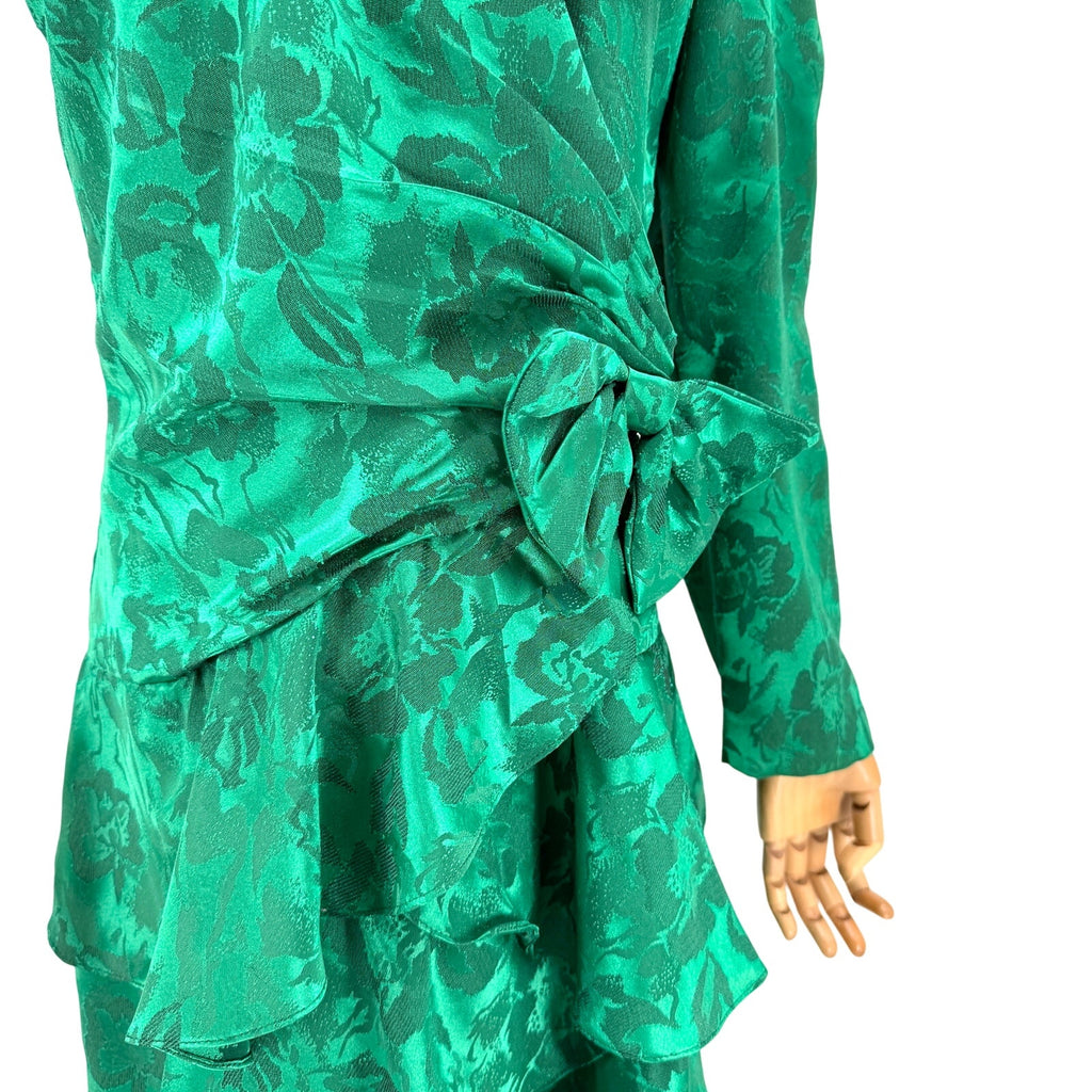 Vintage 80s Emerald Green Polyester Jacquard Drop Waist Wrap Tiered Ruffle Dress