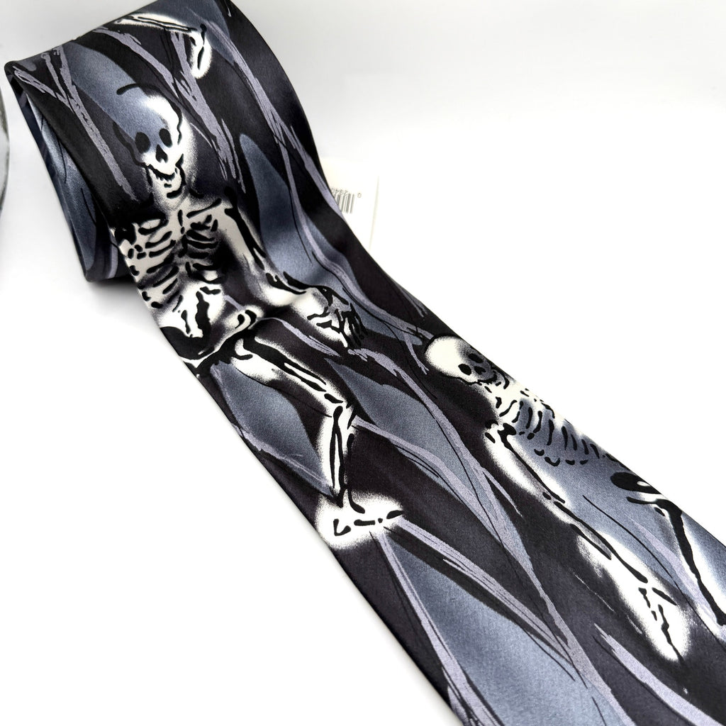 J. Garcia Gray Silk Skeleton Halloween Grateful Dead Necktie