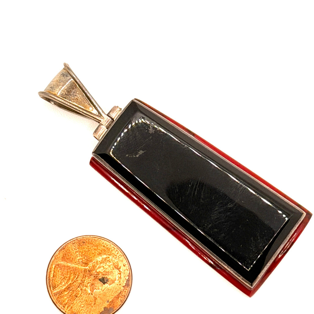 Vintage 90s Signed Black Red Sterling Silver Modernist Reversible Pendant