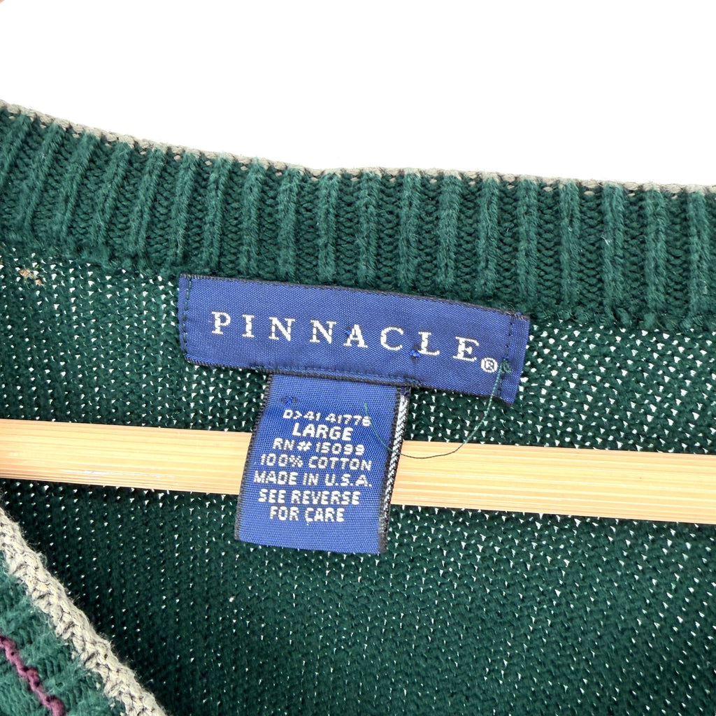 Vintage 90s Pinnacle Forest Green 100% Cotton Embroidered Golf V-Neck Sweater