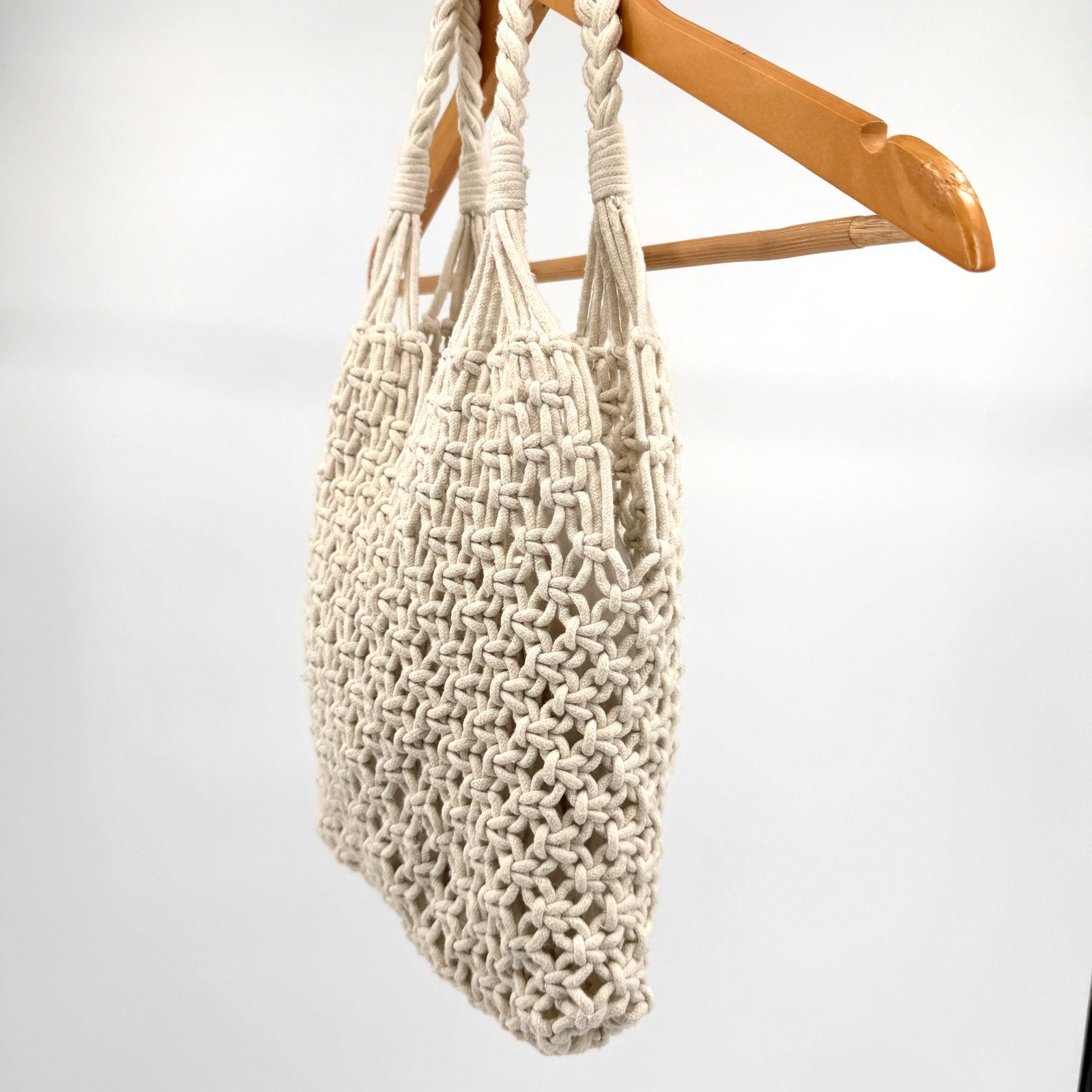 Vintage 90s Boho Coastal Cream Cotton Cord Macrame Handbag