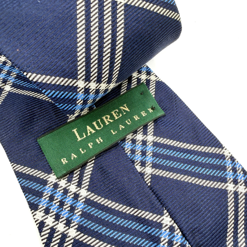Vintage 90s Lauren Ralph Lauren Navy 100% Silk Tartan Plaid Necktie