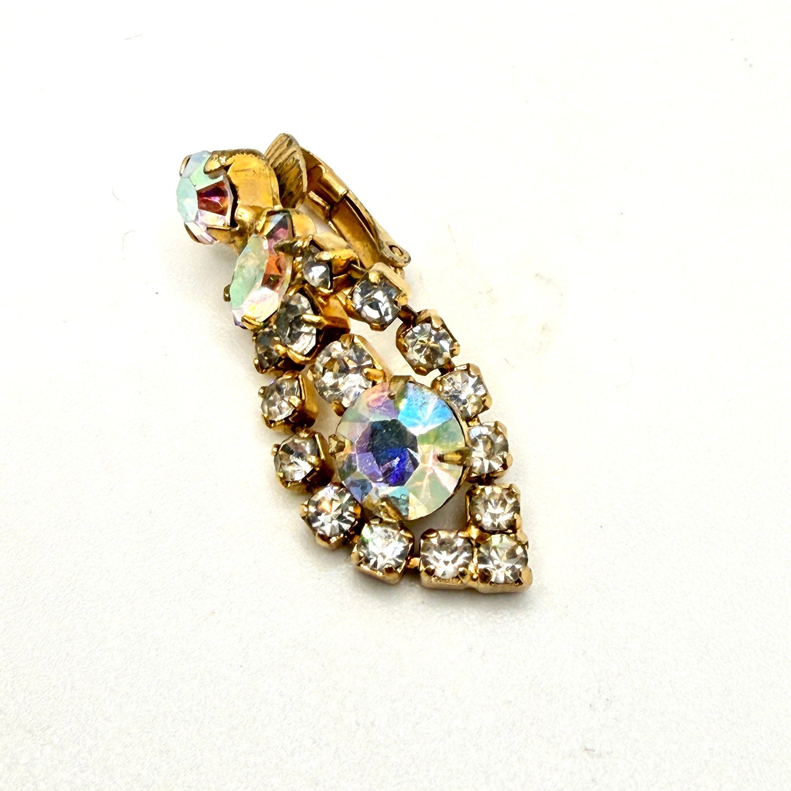 Vintage 50s Aurora Borealis Rhinestone Gold Tone Bib Necklace Earring Set