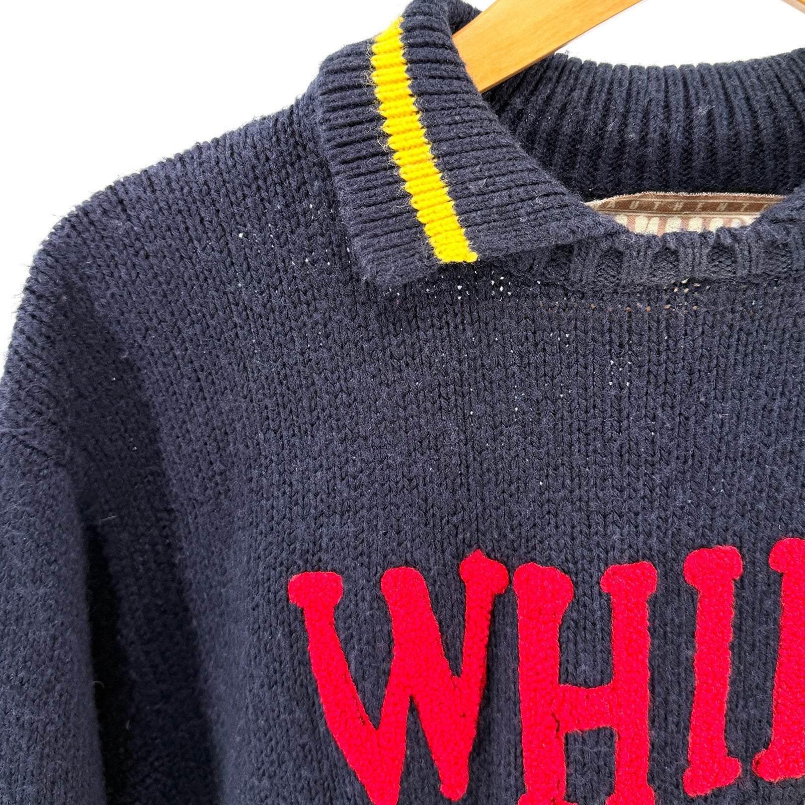 Vintage 90s Authentic Whipp Navy Blue Collegiate Graphic Knit Sweater