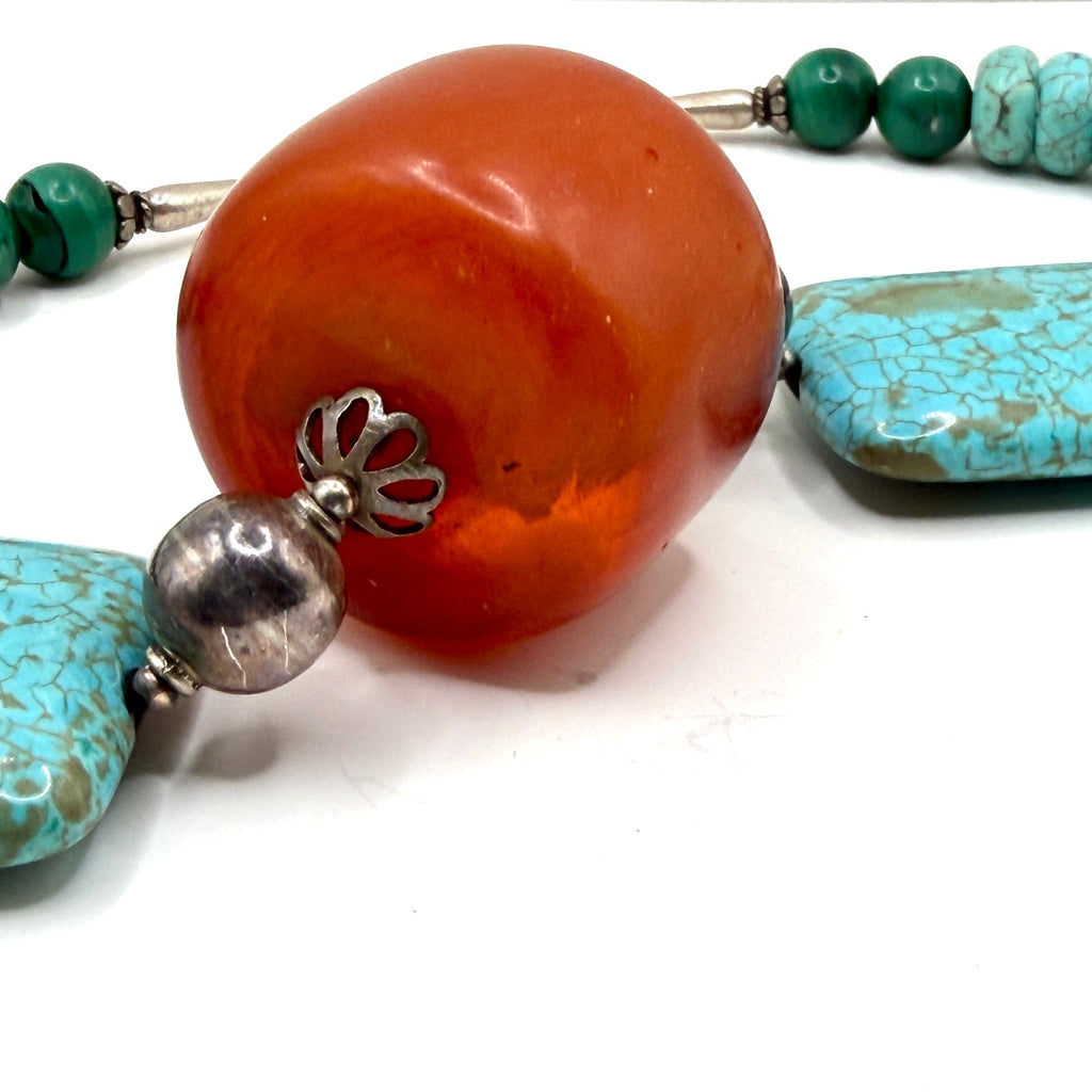 Vintage 90s Southwestern Sterling Turquoise Genuine Amber Necklace