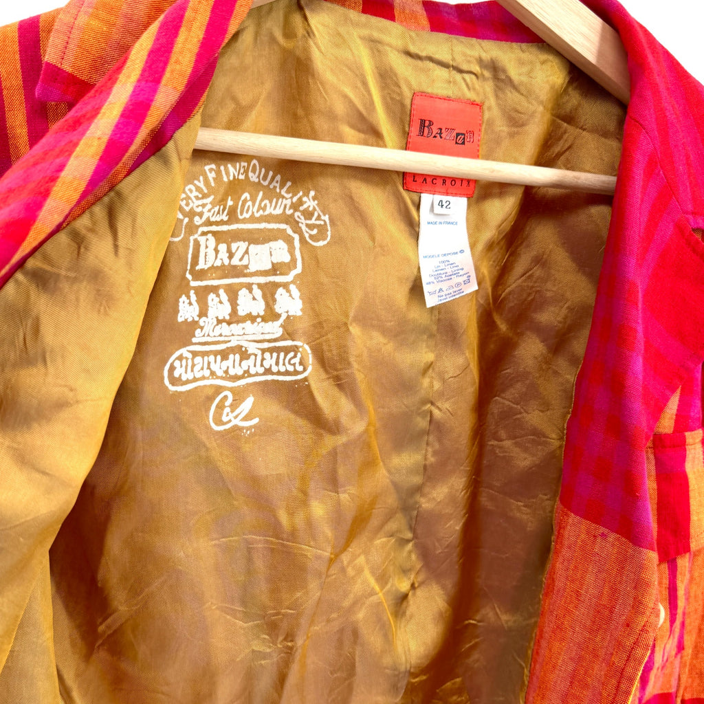 Vintage 90s Christian Lacroix Red Yellow Plaid 100% Linen Crop Jacket