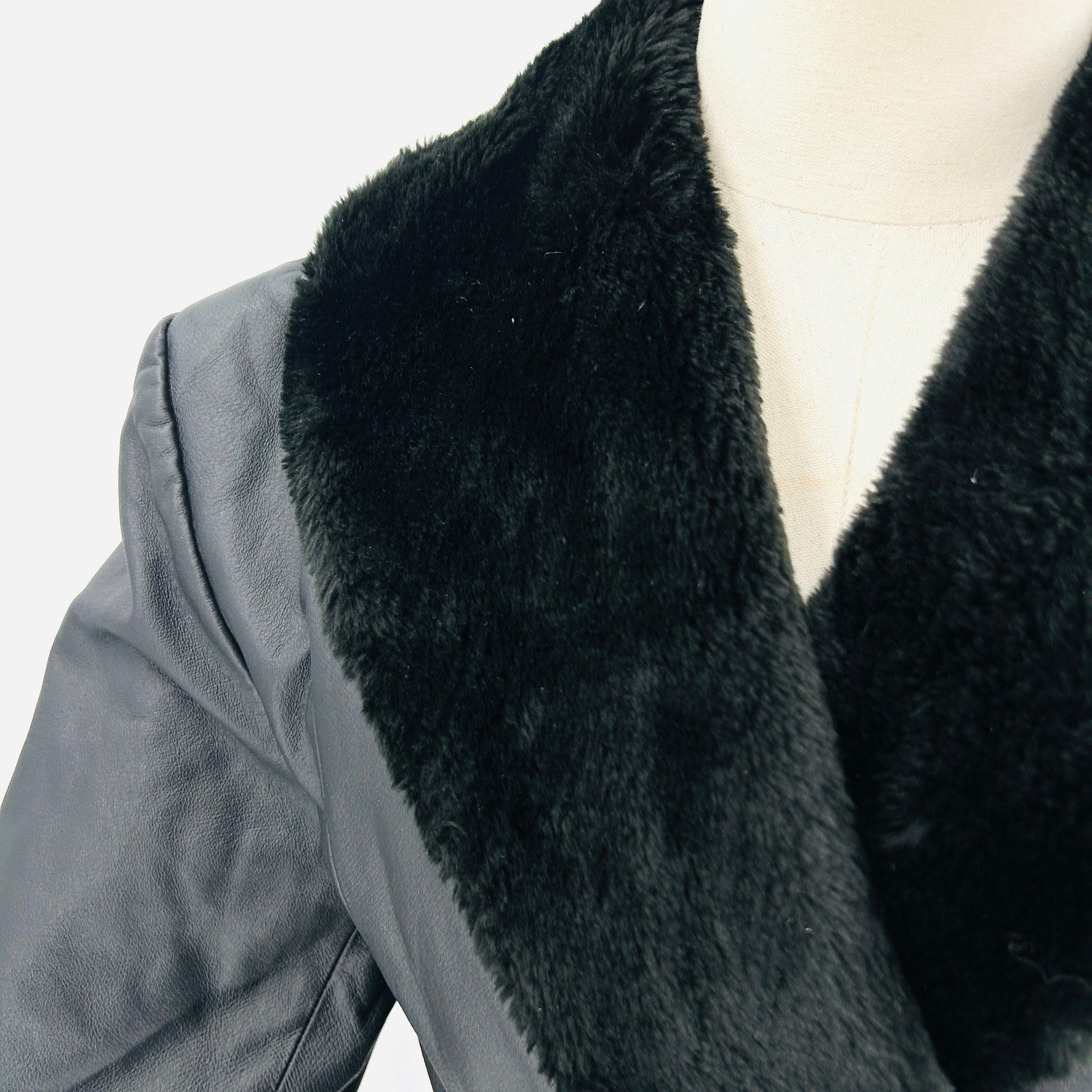 Vintage Y2K KC Collections Black Genuine Leather Faux Fur Trim Wrap Trench Coat