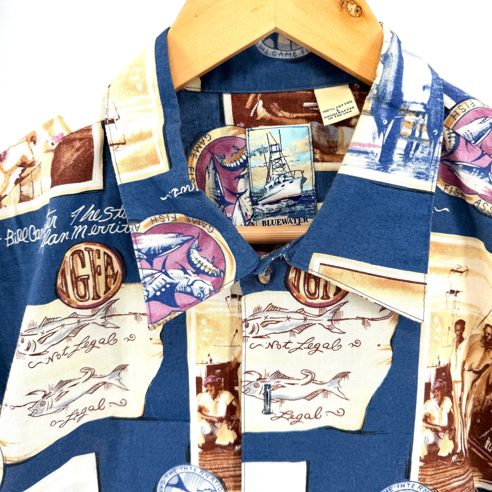 Vintage 90s Bluewater Wear Blue 100% Cotton Deep Sea Fishing Button Up Shirt