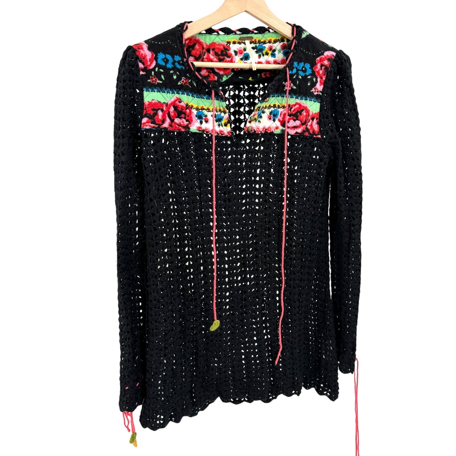 Free People Black Crochet Floral Cottagecore Boho Lace Up Sweater Top