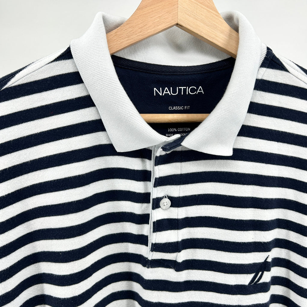 Y2K Nautica Navy White Striped Classic Fit Cotton Polo Shirt