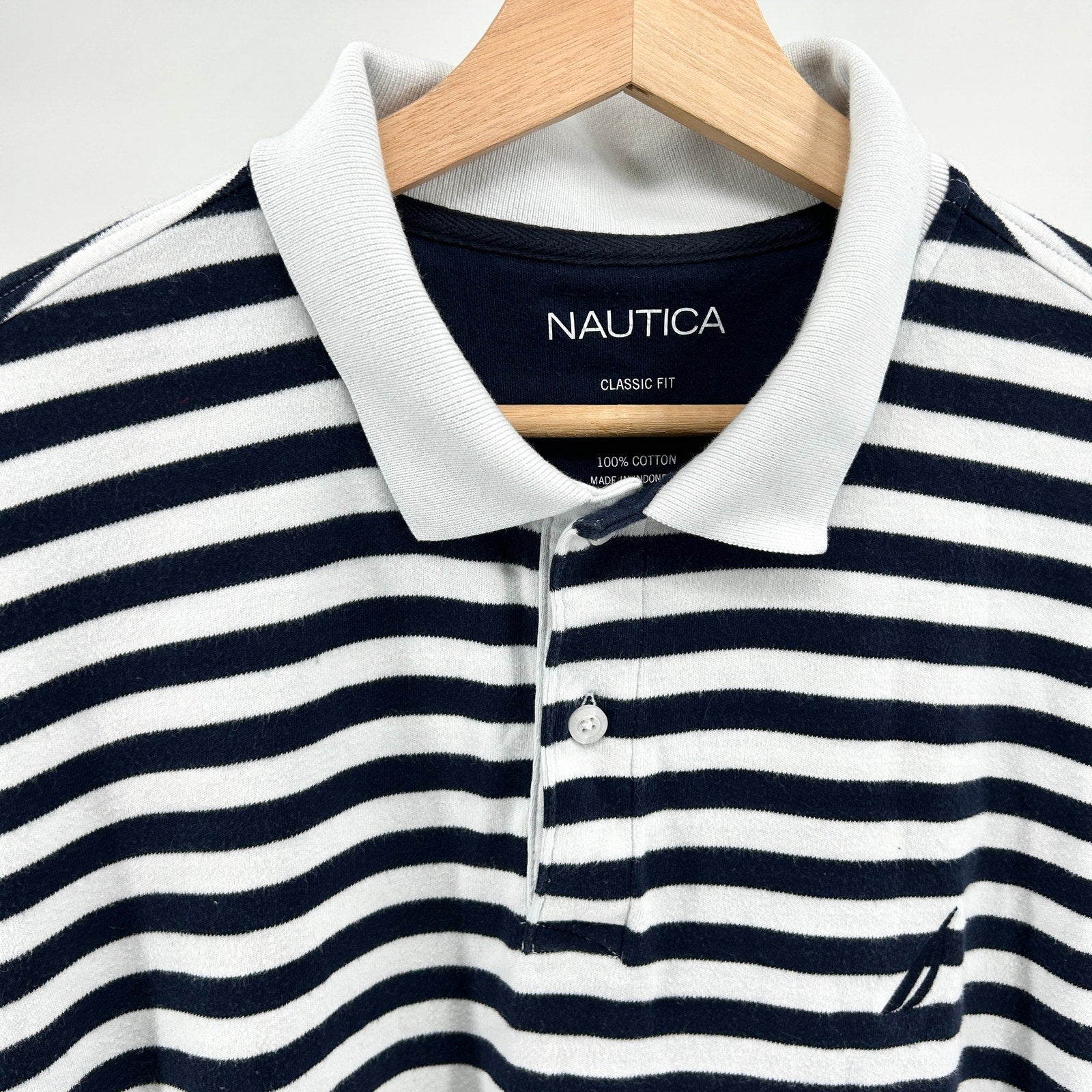 Y2K Nautica Navy White Striped Classic Fit Cotton Polo Shirt