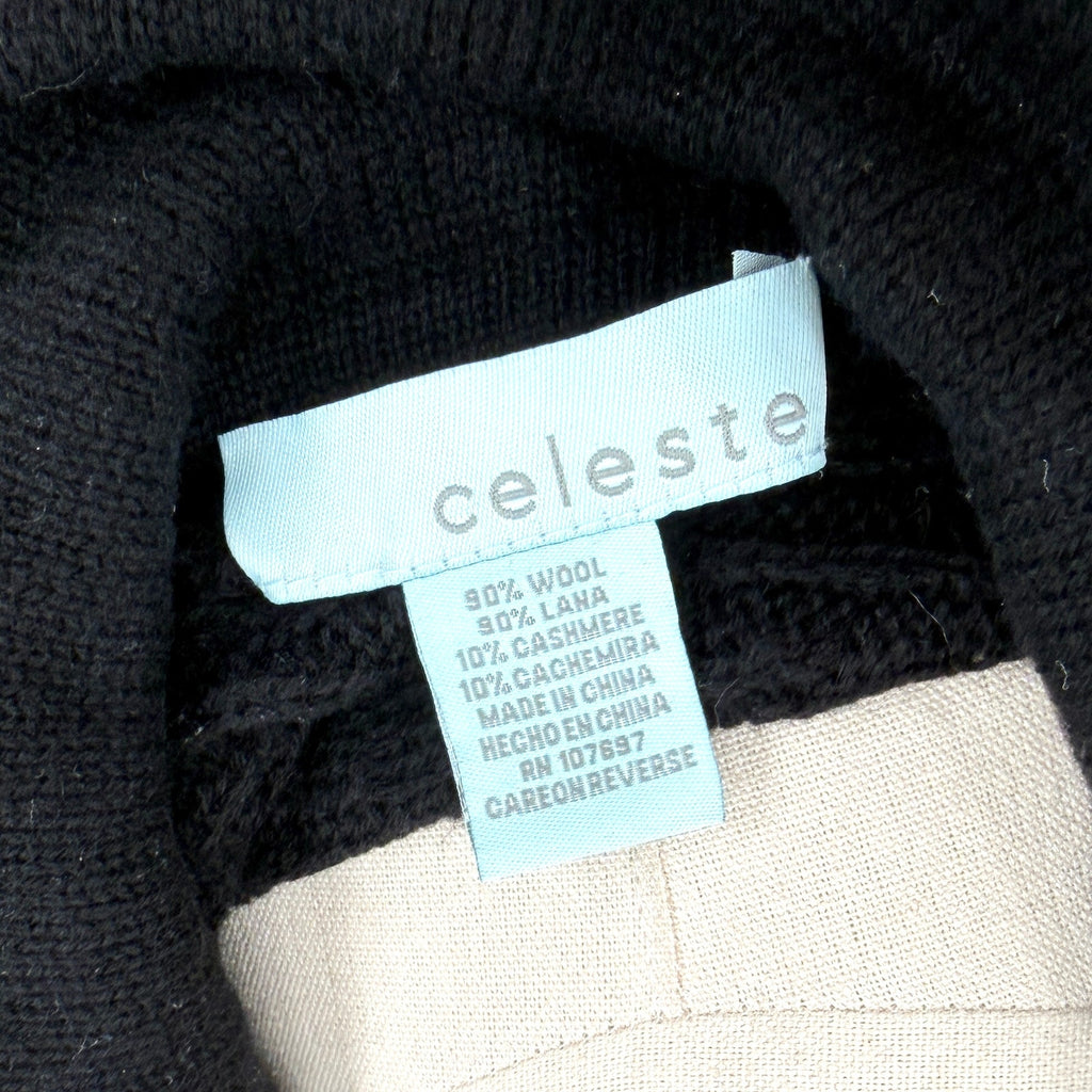 Celeste Wool Cashmere Black Cowl Neck Cable Knit Poncho Sweater