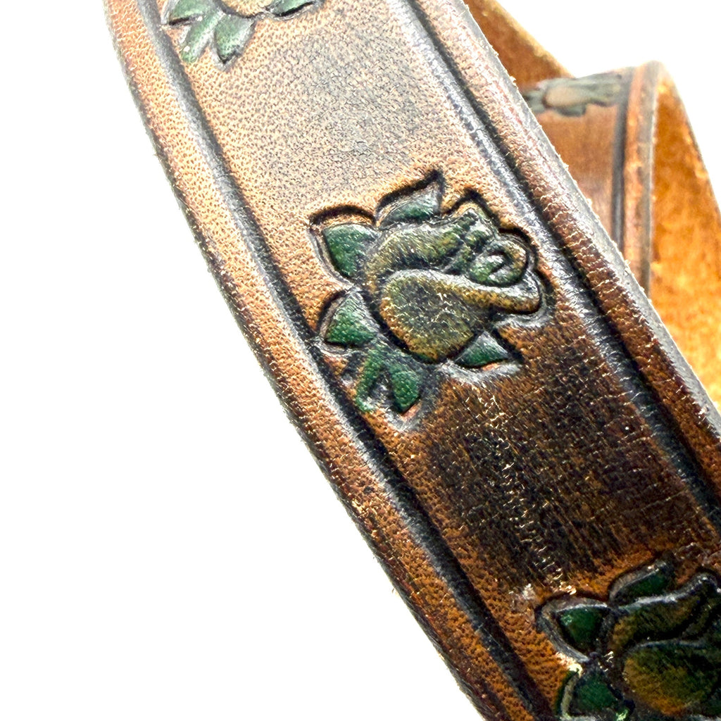 Vintage 70s Brown Genuine Leather Hand Stamped Green Rose Boho Western Belt