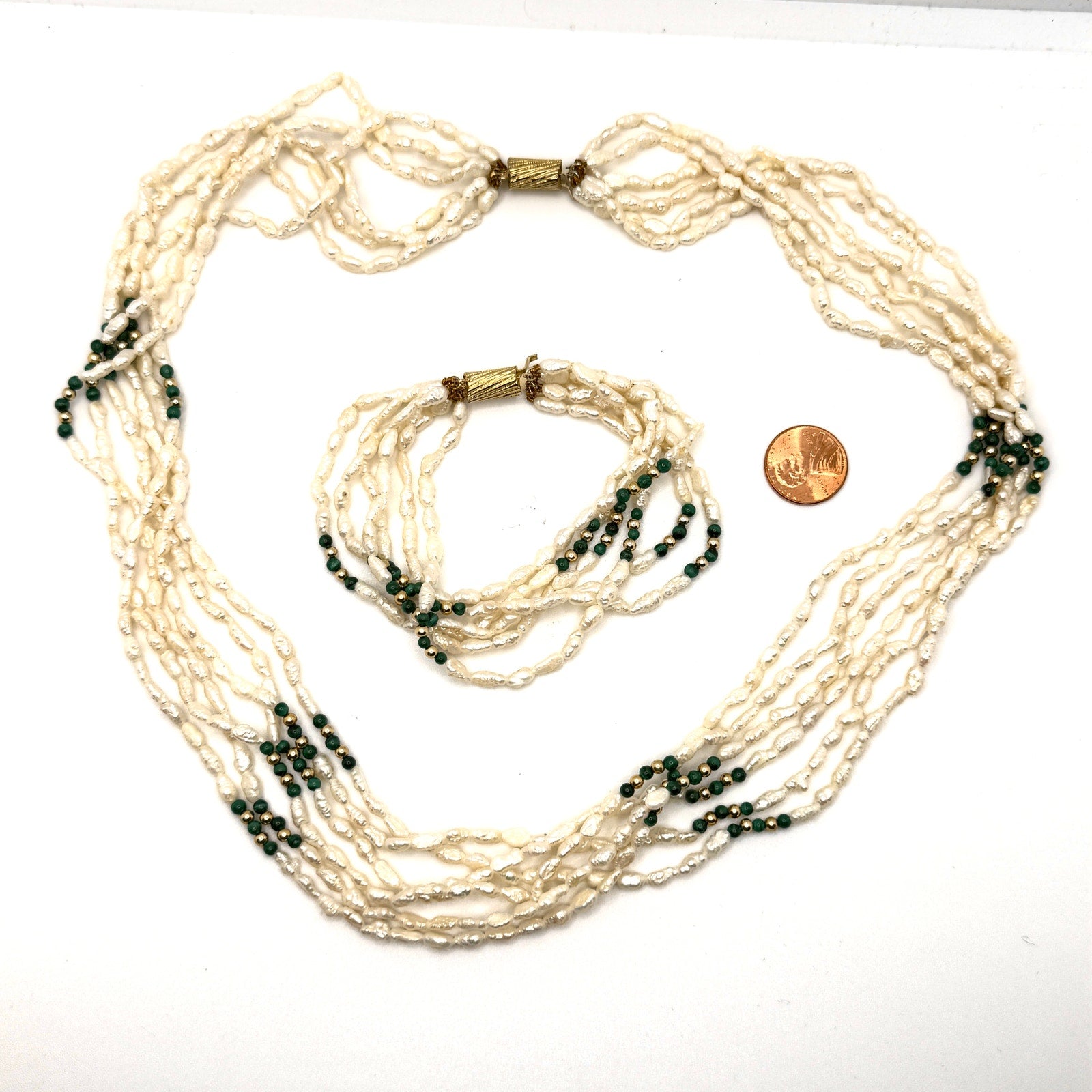 Vintage 80s Multi Strand Rice Pearl Malachite Necklace Bracelet Jewelry Set
