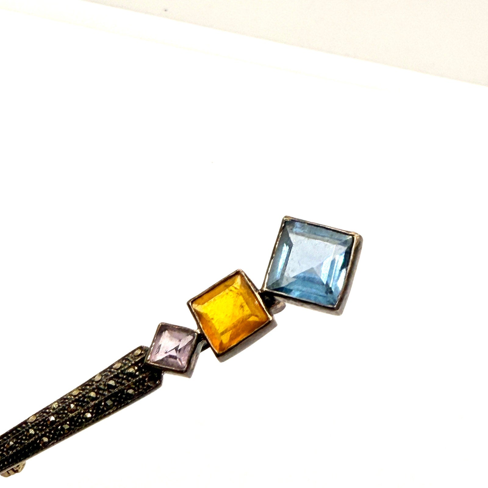 Vintage Art Deco Sterling Marcasite Multi Gemstone Geometric Bar Brooch Pin