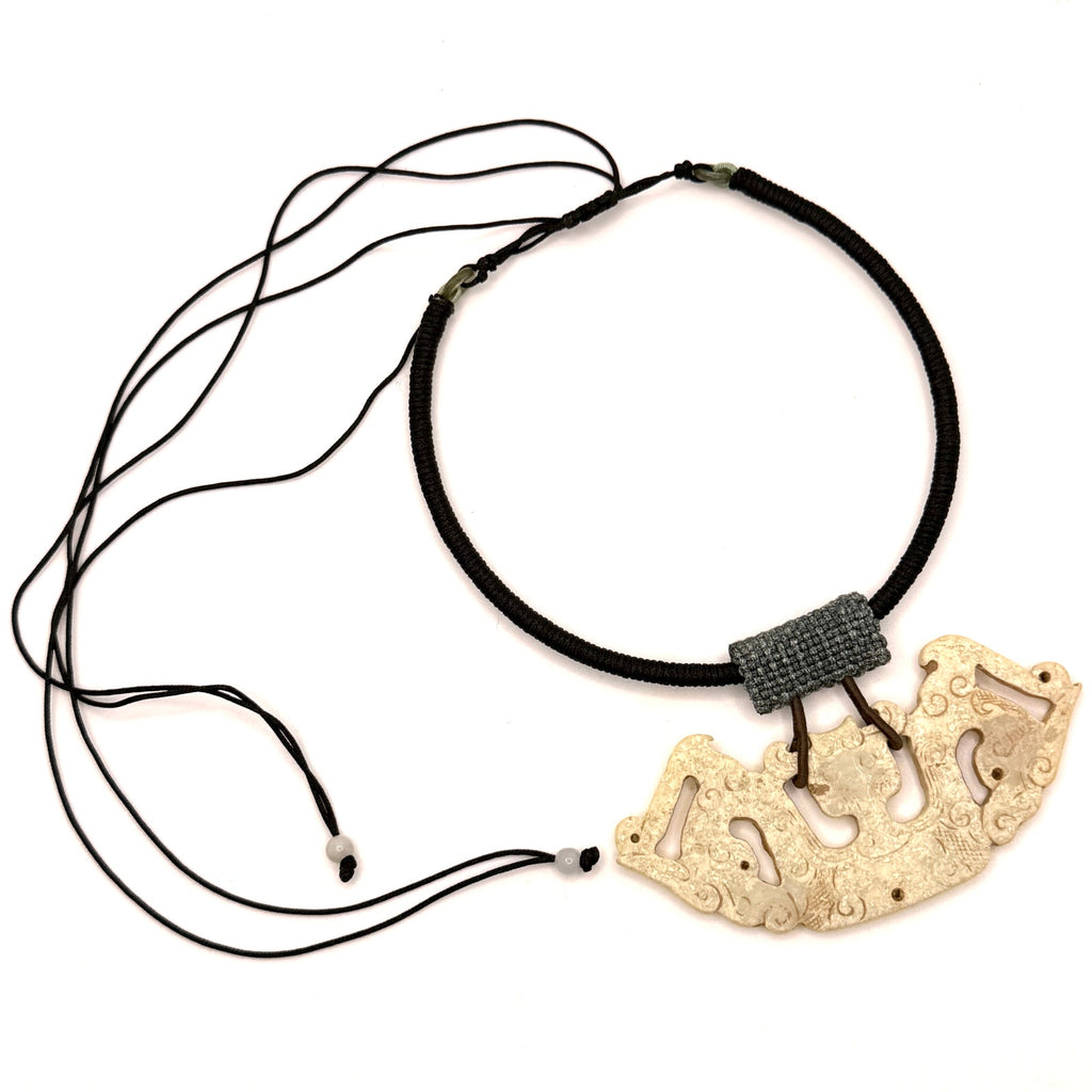 Hand Carved Cream Stone Chinese Dragon Huang Necklace