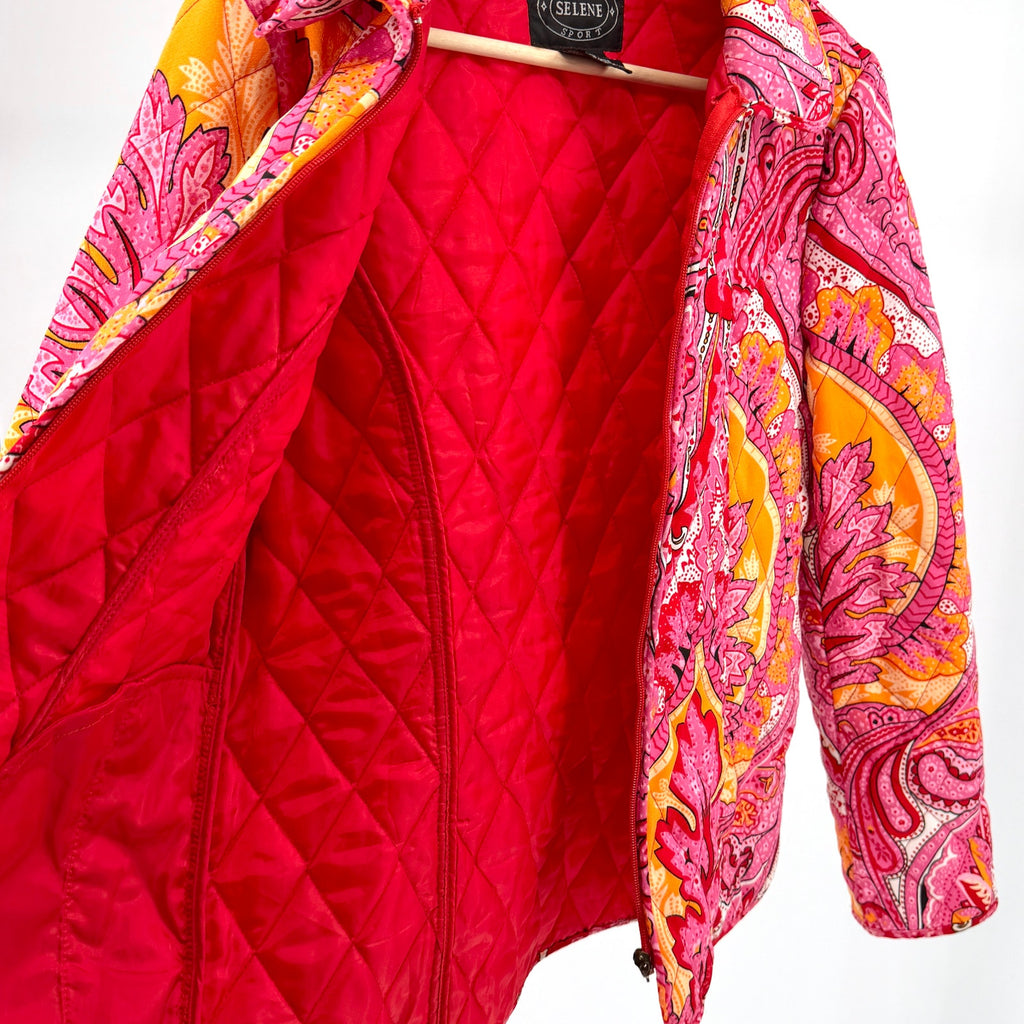 Vintage Y2K Selene Sport Pink Red Paisley Quilted Zip Up Puffer Jacket