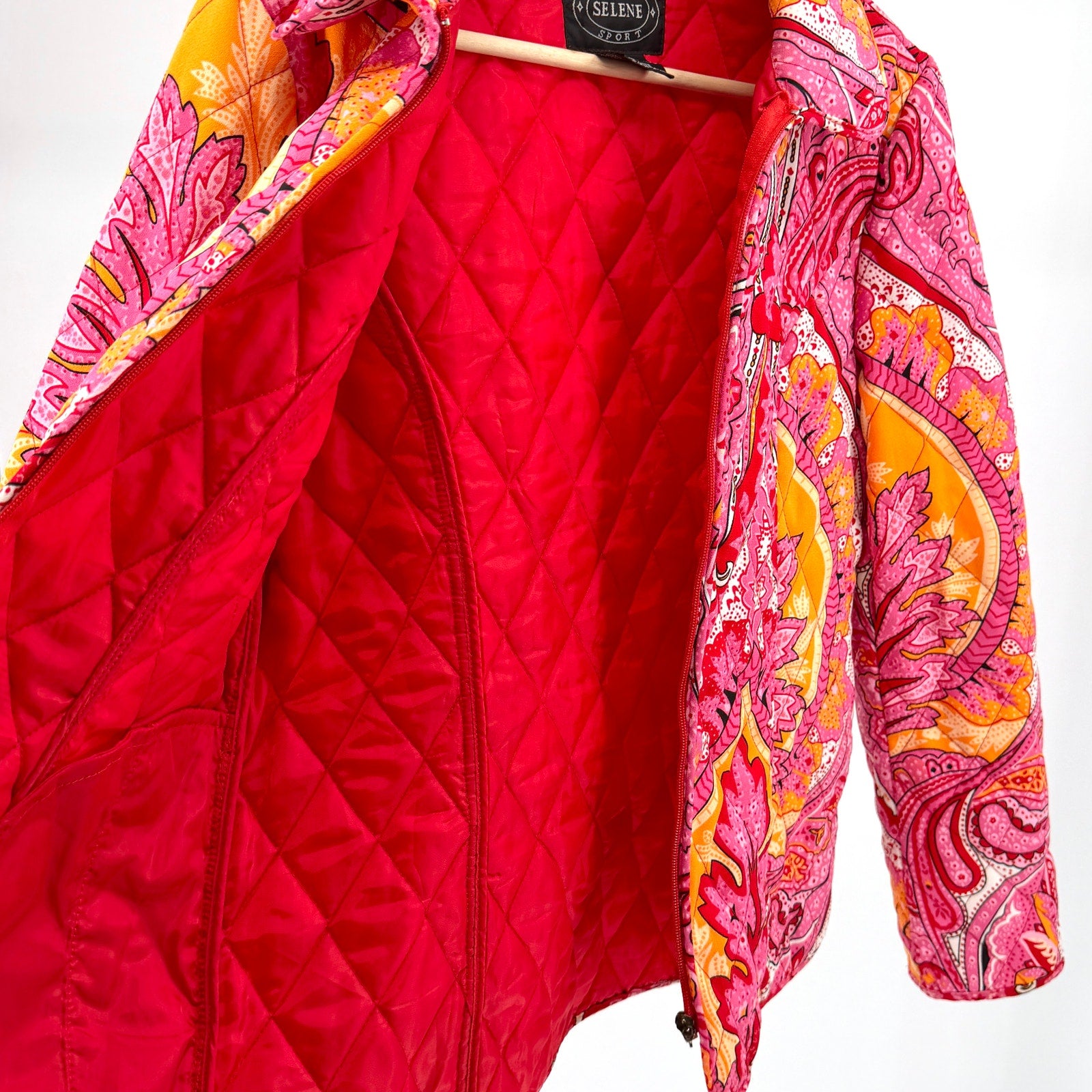 Vintage Y2K Selene Sport Pink Red Paisley Quilted Zip Up Puffer Jacket