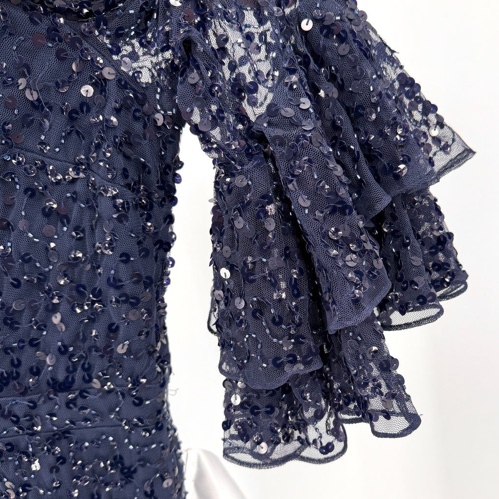 NWT Mac Duggal Navy Blue Sequin Tiered Ruffle Bell Sleeve Formal Cocktail Dress
