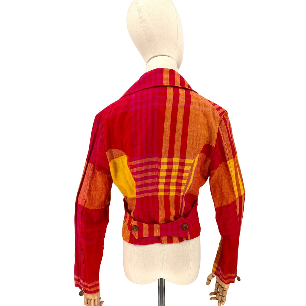 Vintage 90s Christian Lacroix Red Yellow Plaid 100% Linen Crop Jacket