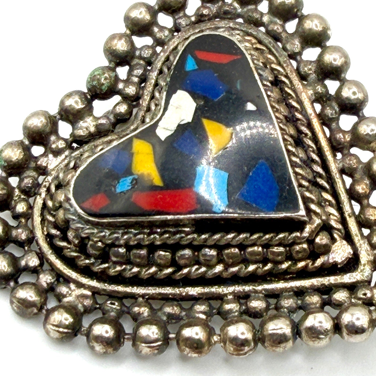 Vintage 80s Black Sterling Silver Multi Color Mosaic Inlay Heart Earrings