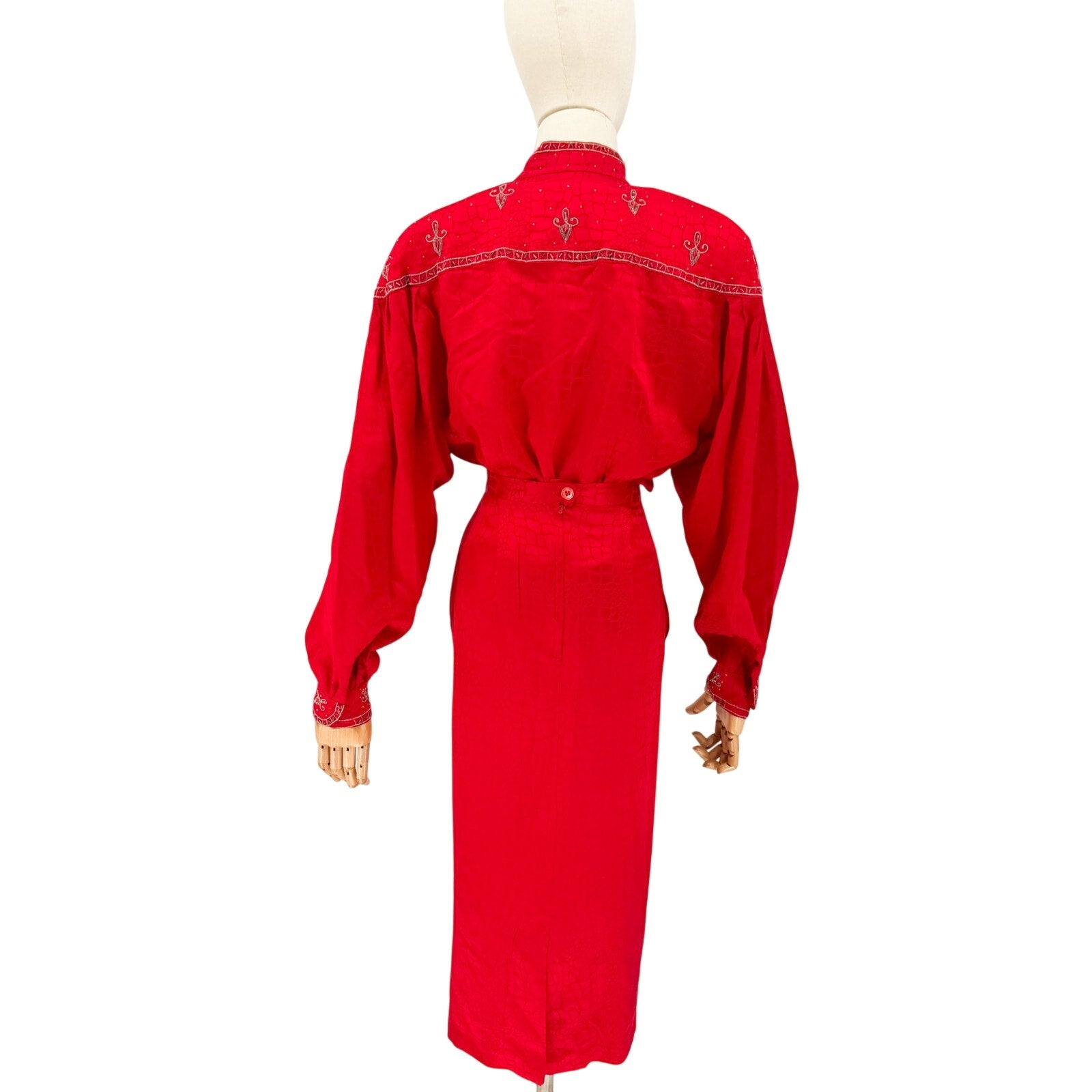 Vintage 80s Anne French Red 100% Silk Beaded Jacquard Skirt Set