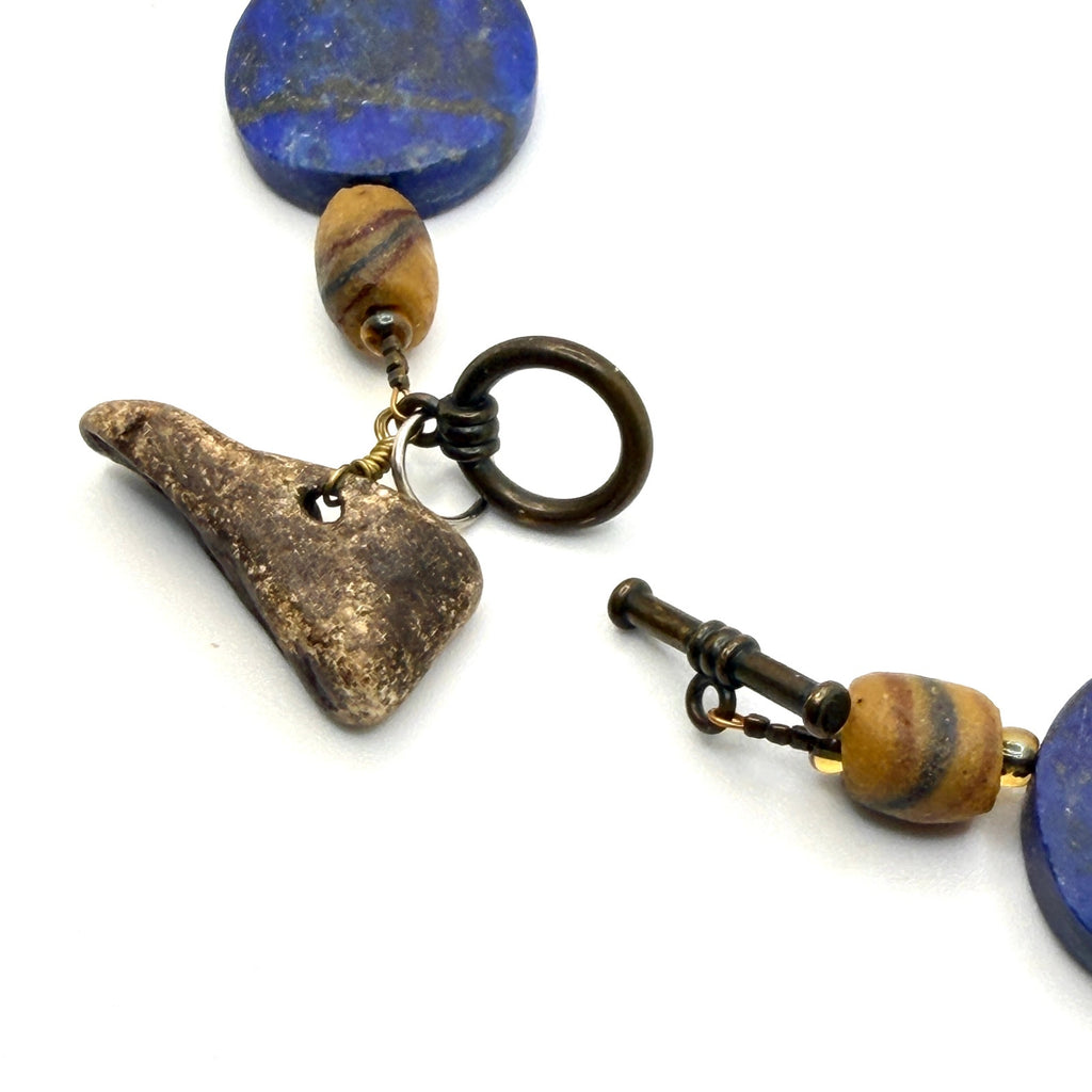 Vintage 90s Lapis Lazuli Wood Hand Carved Frog Fish Netsuke Necklace