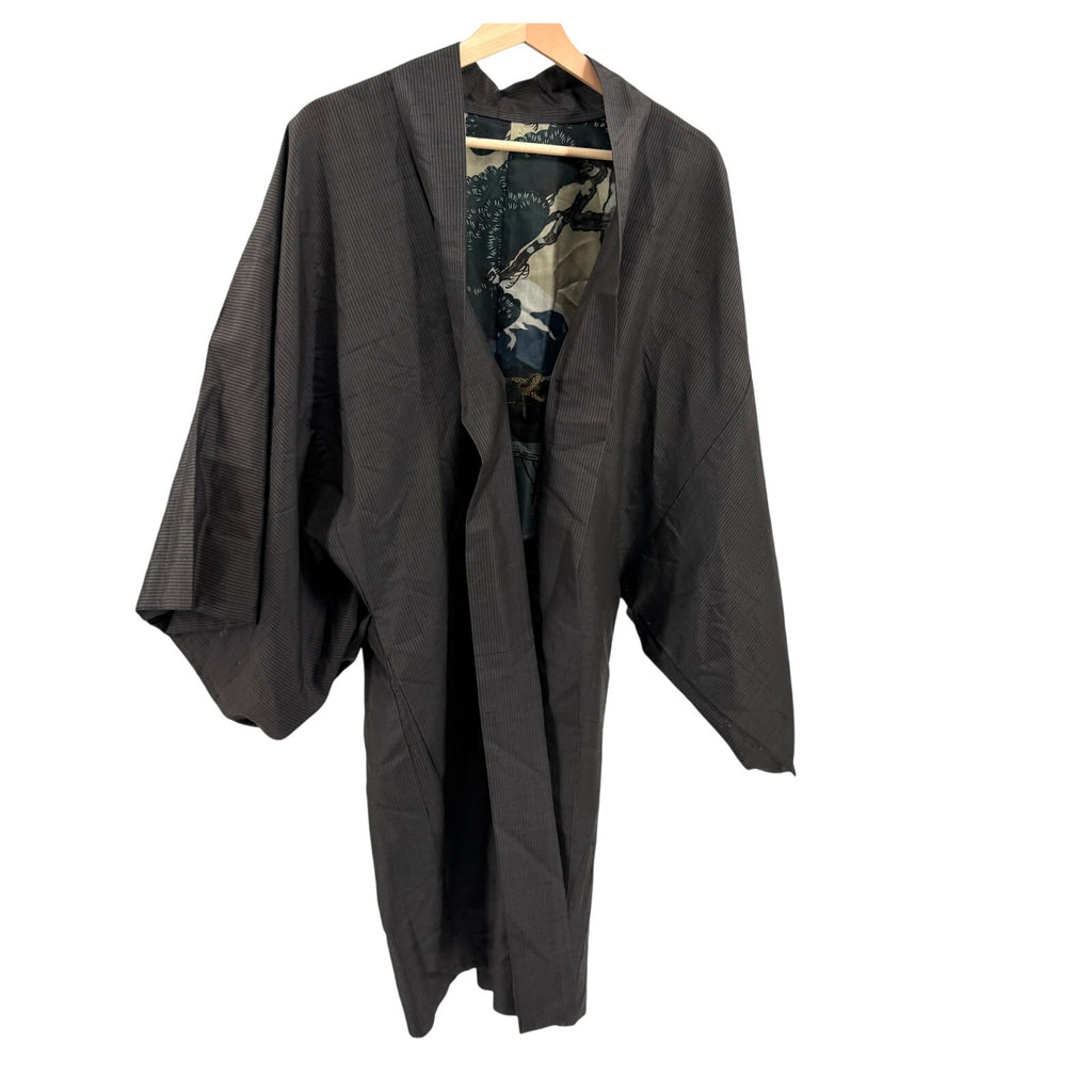 Vintage 50s Gray 100% Silk Mt Fuji Mens Haori Kimono Jacket