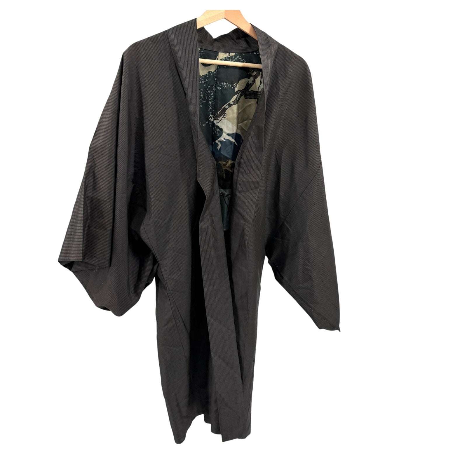 Vintage 50s Gray 100% Silk Mt Fuji Mens Haori Kimono Jacket