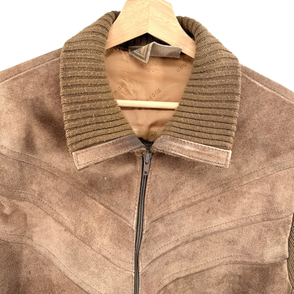 Vintage 70s Richman Brown Genuine Leather Knit Western Bomber Jacket