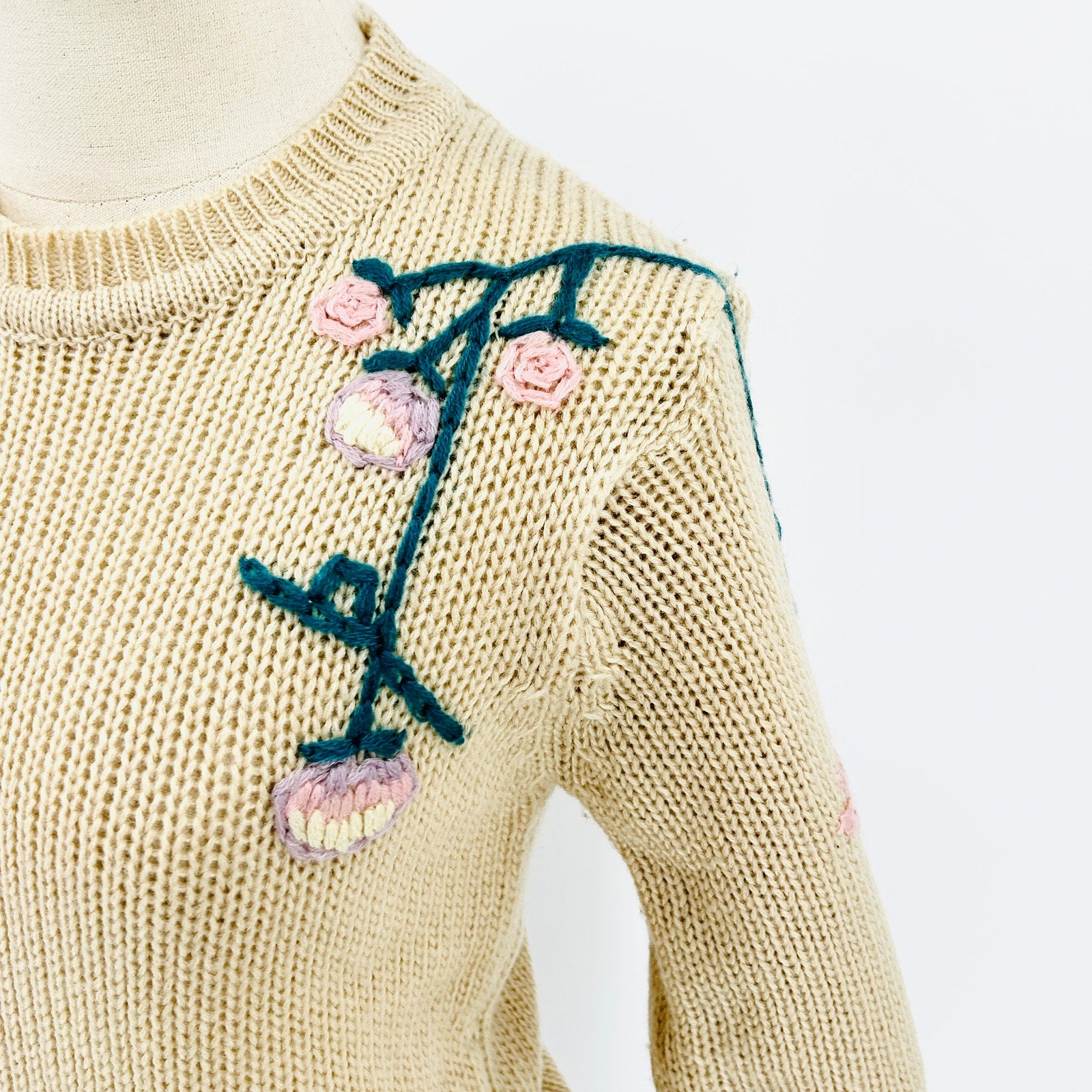 Vintage 80s Beige Teal Pink Floral Embroidered Sweater