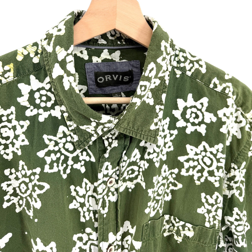 Orvis Olive Green Floral 100% Cotton Batik Print Short Sleeve Shirt