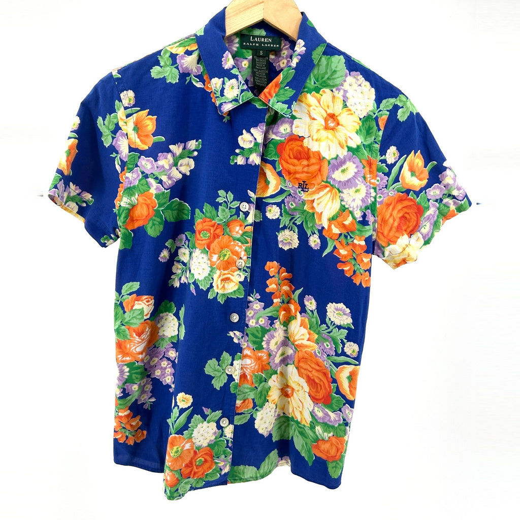 Vintage 90s Lauren Ralph Lauren Blue 100% Cotton Floral Short Sleeve Shirt