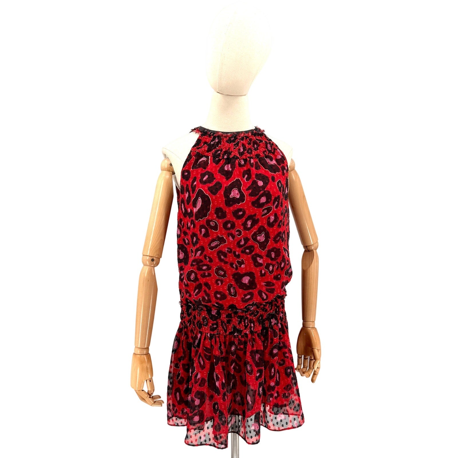 Giambattista Valli for Impulse Red Leopard Print Smocked Mini Dress