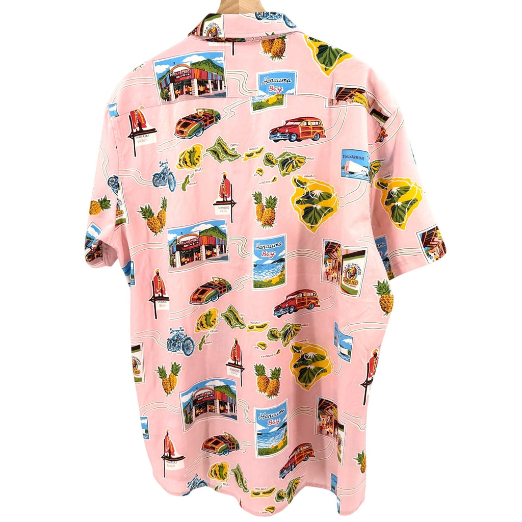 Cotton & Co. Pastel Pink Hawaii Map Souvenir Motif Short Sleeve Button Up Shirt